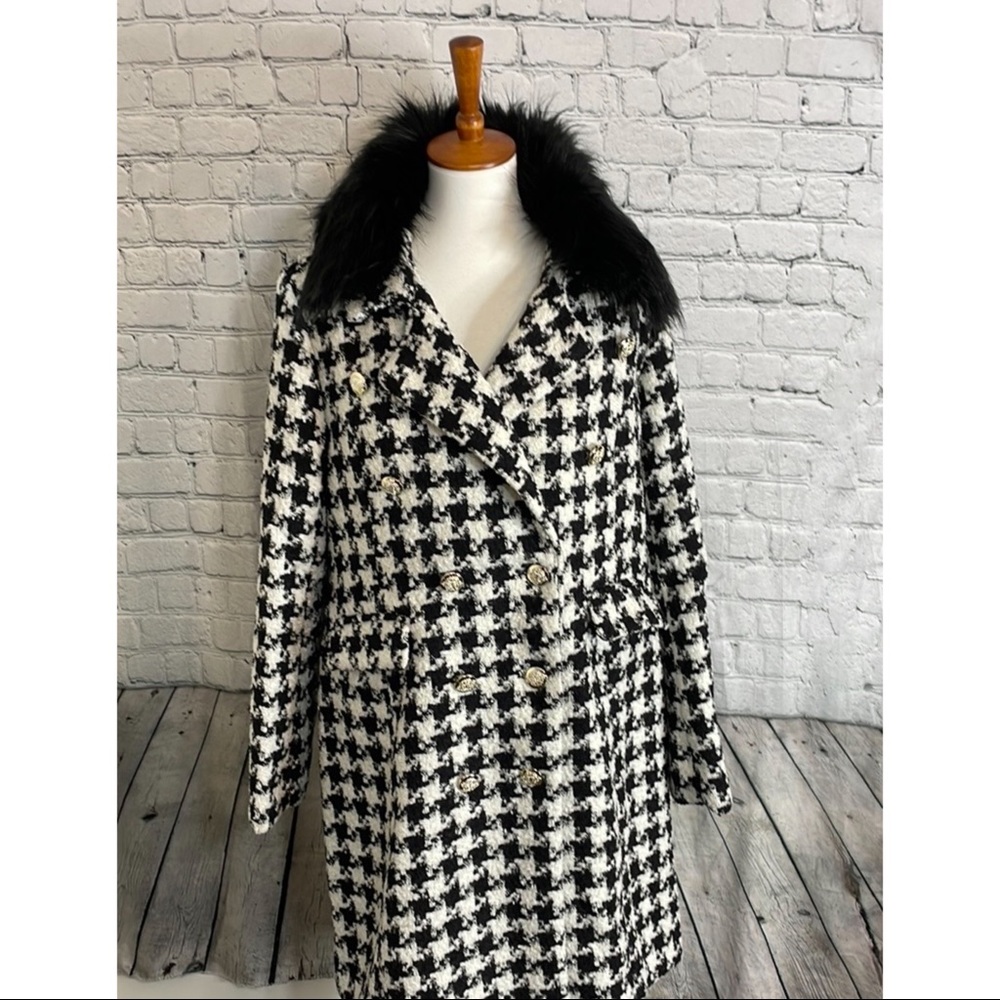 JESSICA SIMPSON HOUNDSTOOTH PEACOAT REMOVABLE FAUX FUR COLLAR